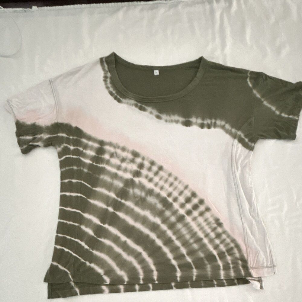 JoyLab Women's Green/White/Pink Tie Dye Knit Crew Neck Side Slit T-Shirt M 0157